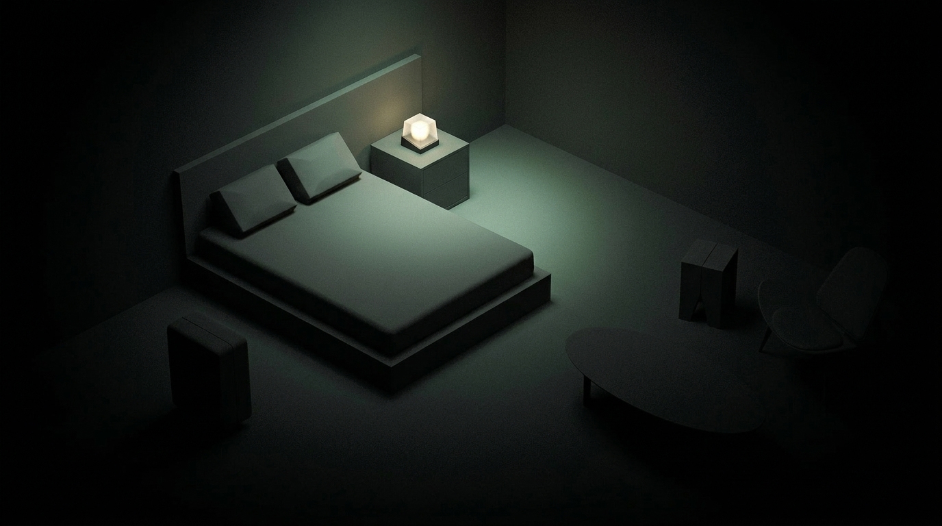 A dark, minimalist hotel bedroom at night. VERT glows softly on the nightstand beside the bed, casting a pale green light across the room.